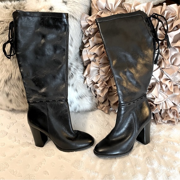 Adam Tucker Shoes - Adam Tucker Kisha Black Leather Knee High Almond Toe Heeled Boots Sz7.5